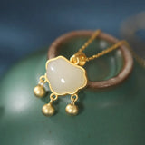 S925 Sterling Silver Hetian Jade Tassel Lucky Safty Lock Necklaces For Women
