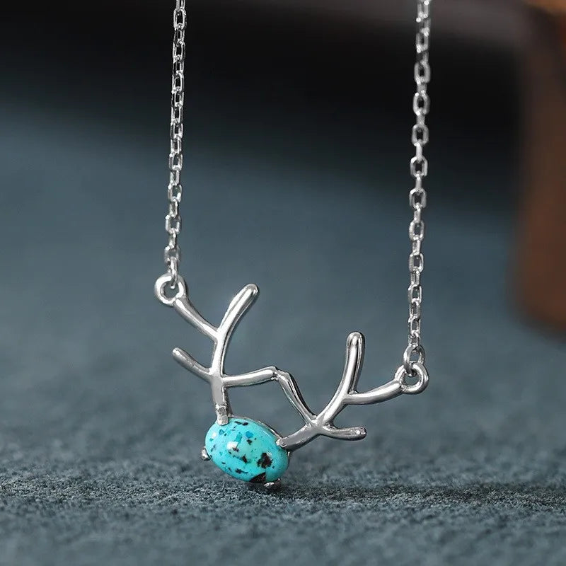 925 Silver Deer Necklace with Red Agate & Turquoise for Women