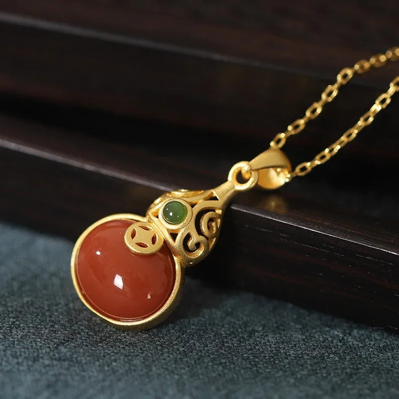 925 Silver South Red Agate Hetian Jade Gourd Necklace Women Wedding Jewelry