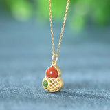 925 Sterling Silver Red Agate Hetian Jade Gourd Necklace Wedding Jewelry