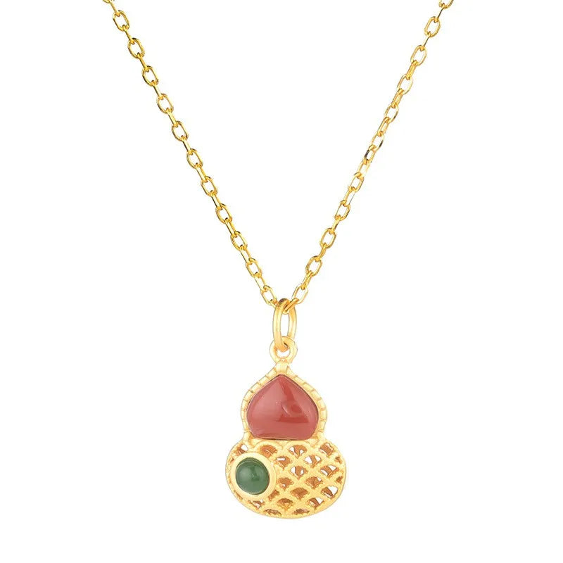 925 Sterling Silver Red Agate Hetian Jade Gourd Necklace Wedding Jewelry