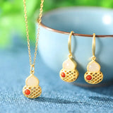 925 Sterling Silver Red Agate Hetian Jade Gourd Necklace Wedding Jewelry