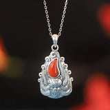 925 Sterling Thai Silver Red Agate Fox Necklace Pendant Wedding Jewelry