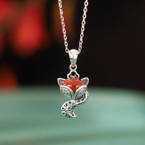 S925 Sterling Thai Silver Red Agate Fox Necklace Pendant