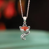 S925 Sterling Thai Silver Red Agate Fox Necklace Pendant