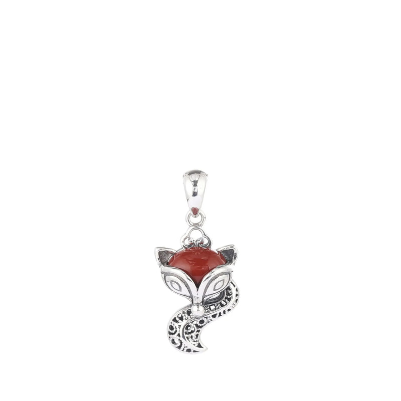 S925 Sterling Thai Silver Red Agate Fox Necklace Pendant