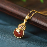 ZFSILVER S925 Sterling Silver Red Agate Hetian Jade Money Gourd Necklace