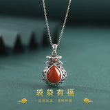 925 Sterling Thai Silver Red Agate Money Lucky Bag Necklace Pendant