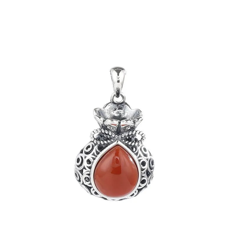 925 Sterling Thai Silver Red Agate Money Lucky Bag Necklace Pendant