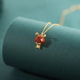 925 Sterling Silver Hetian Jade South Red Agate Long Ear Rabbit Necklace