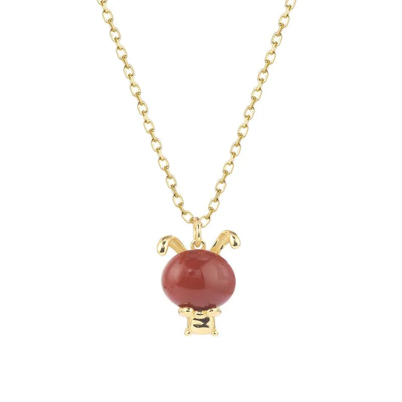 925 Sterling Silver Hetian Jade South Red Agate Long Ear Rabbit Necklace