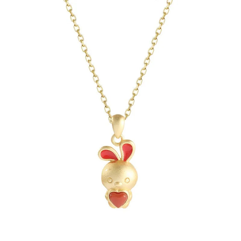 S925 Sterling Silver South Red Agate Heart Rabbit Necklace