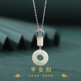 925 Sterling Silver Hetian Jade Lucky Safty Buckle Circle Dangle Necklace