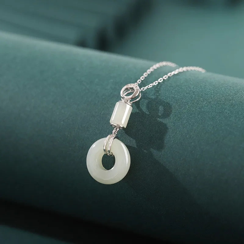 925 Sterling Silver Hetian Jade Lucky Safty Buckle Circle Dangle Necklace