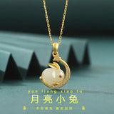 S925 Silver Hetian Jade Moon Rabbit Necklace Women Wedding Charm