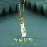 ZFSILVER S925 Sterling Silver Hetian Jade Bamboo Knot Leaf Necklaces