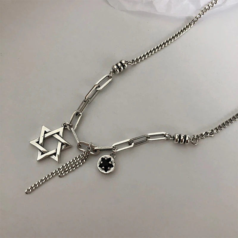 925 Silver Pentagram Tassel Chain Necklace for Women - Party Jewelry