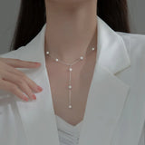 925 Silver Pearls & Zircon Balls Choker Necklace Adjustable Chain Y Necklaces