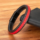 Red Braided Rope Leather Bracelet Stainless Steel Charm Bangle for Couple