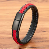 Red Braided Rope Leather Bracelet Stainless Steel Charm Bangle for Couple