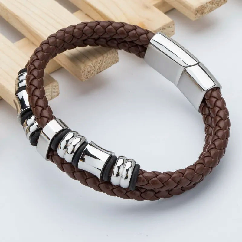 Vintage Charm Leather Bracelet Stainless Steel Punk Jewelry