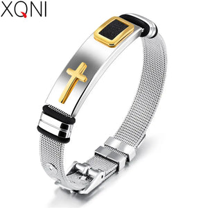 Casual Stripe Man Bangle Mesh Strap Band Stainless Steel Cross Men Jewelry