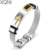 Casual Stripe Man Bangle Mesh Strap Band Stainless Steel Cross Men Jewelry