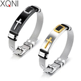 Casual Stripe Man Bangle Mesh Strap Band Stainless Steel Cross Men Jewelry