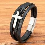 Cross Men Leather Bracelet Stainless Steel Clasp Charms Homme Christmas