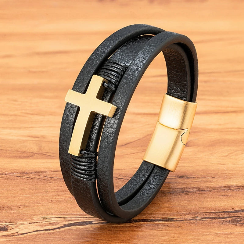 Cross Men Leather Bracelet Stainless Steel Clasp Charms Homme Christmas