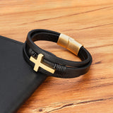 Cross Men Leather Bracelet Stainless Steel Clasp Charms Homme Christmas
