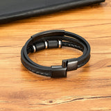 Leather Bracelet Rope Men Stainless Steel Bead Magnetic Clasp Bangle