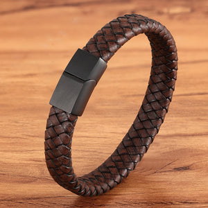 Men's Brown Leather Stainless Steel Bracelet