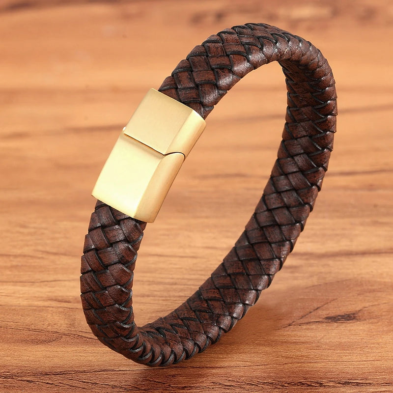 Men's Brown Leather Stainless Steel Bracelet