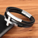Men's Stainless Steel Cross Leather Bracelet Combo