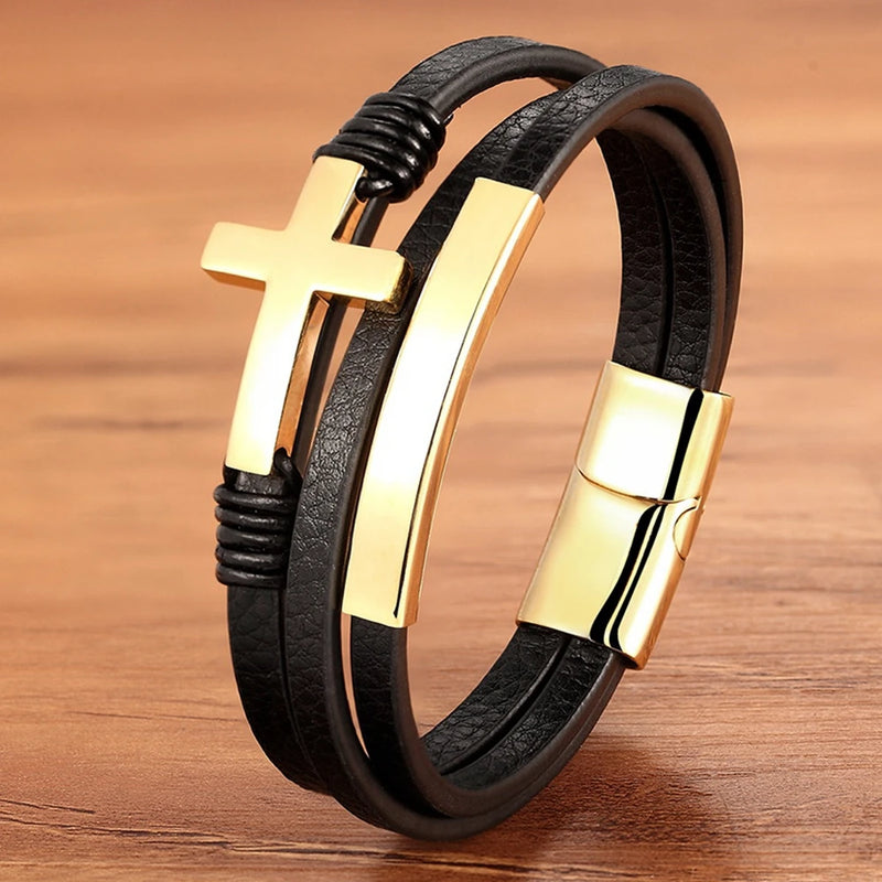Men's Stainless Steel Cross Leather Bracelet Combo