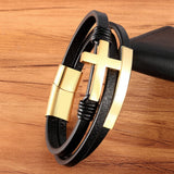 Men's Stainless Steel Cross Leather Bracelet Combo