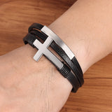 Men's Stainless Steel Cross Leather Bracelet Combo