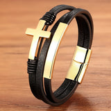 Men's Stainless Steel Cross Leather Bracelet Combo