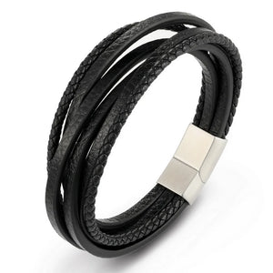 Stainless Steel Bangle Chain Leather Bracelet Men Vintage Male Braid