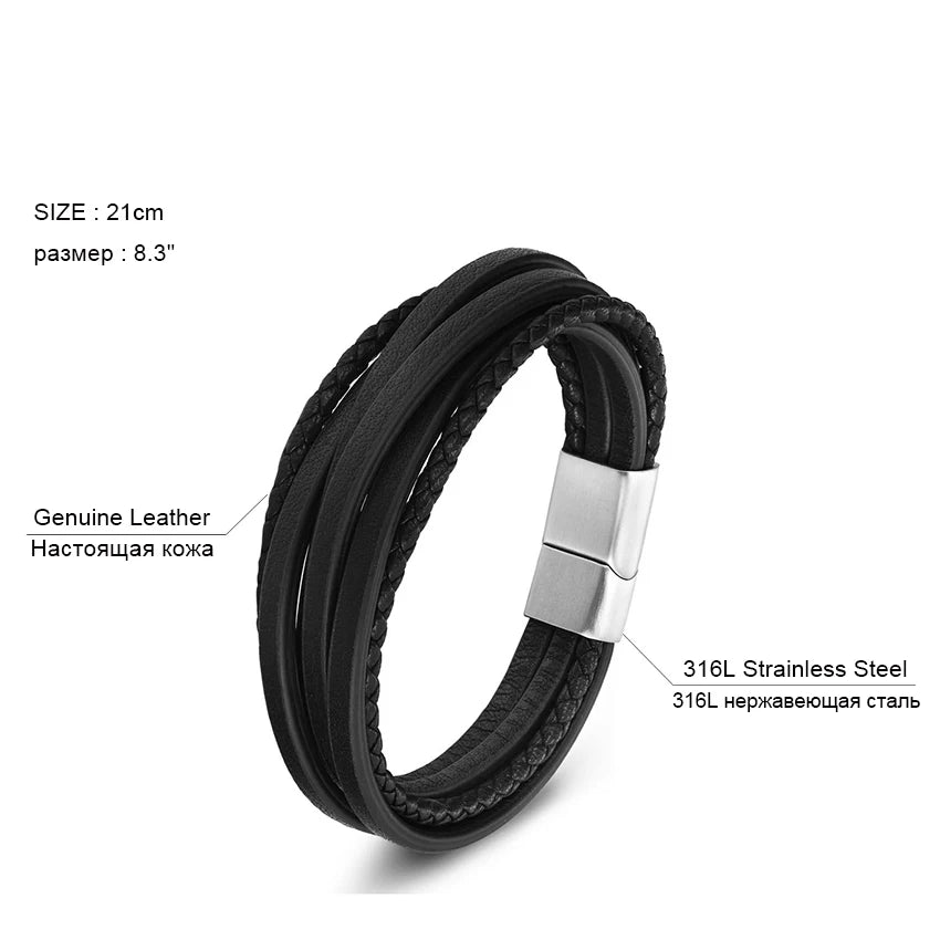 Stainless Steel Bangle Chain Leather Bracelet Men Vintage Male Braid