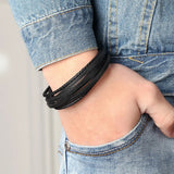 Stainless Steel Bangle Chain Leather Bracelet Men Vintage Male Braid