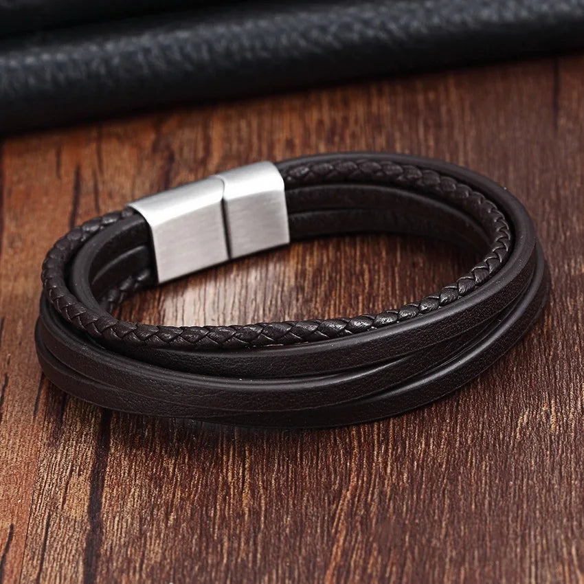 Stainless Steel Bangle Chain Leather Bracelet Men Vintage Male Braid