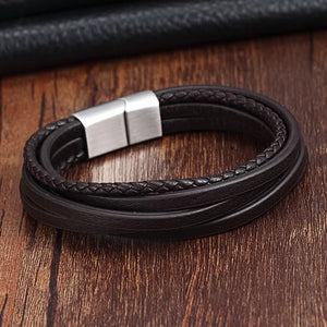 Stainless Steel Bangle Chain Leather Bracelet Men Vintage Male Braid