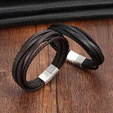 Stainless Steel Bangle Chain Leather Bracelet Men Vintage Male Braid