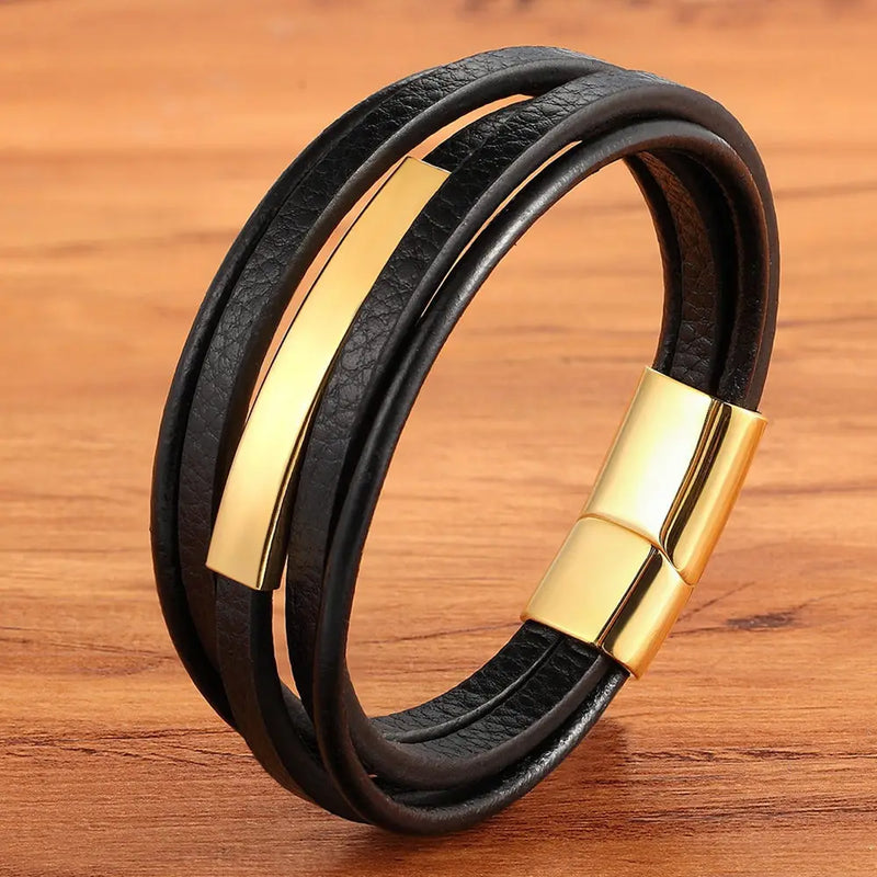 Geometric SS Leather Men's Bracelet