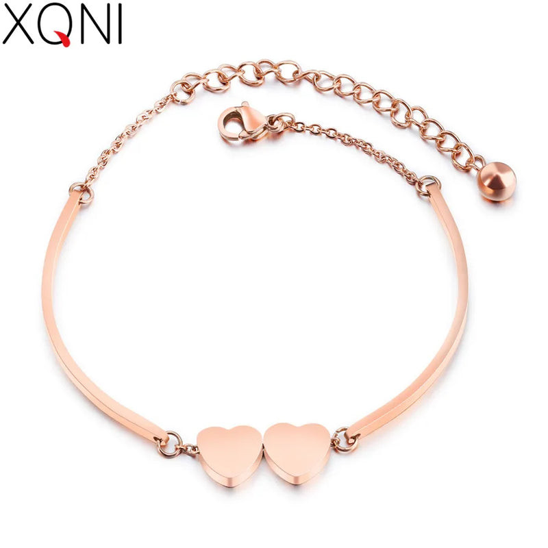 Hop Stainless Steel Double Heart Rose Bracelet for Women