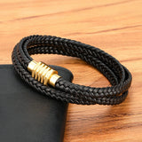 Two Layers Braided Rope Brown Leather Bracelet For Men