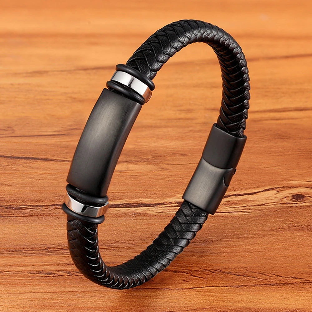 Stainless Steel Leather Men Bracelets 3 Colors