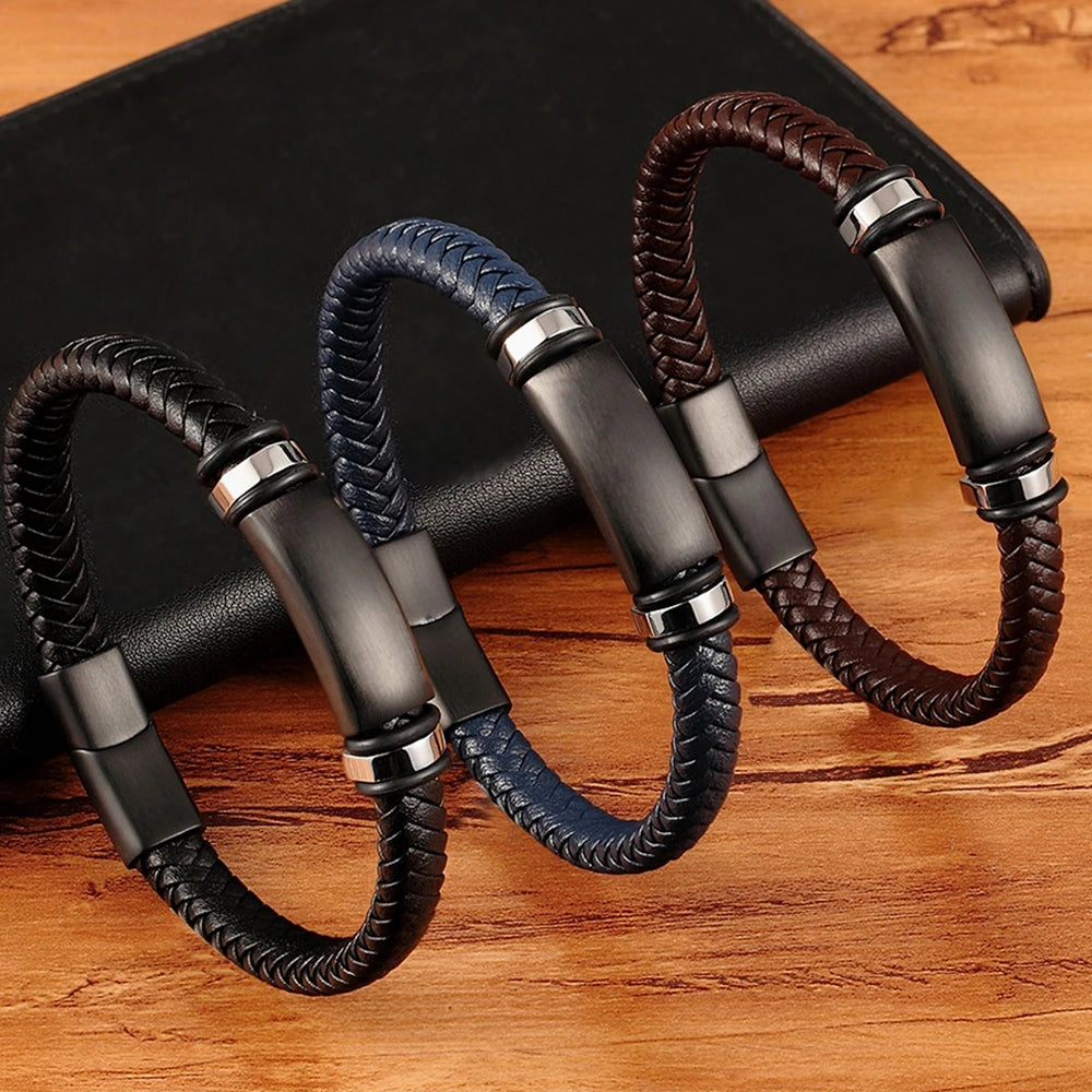 Stainless Steel Leather Men Bracelets 3 Colors